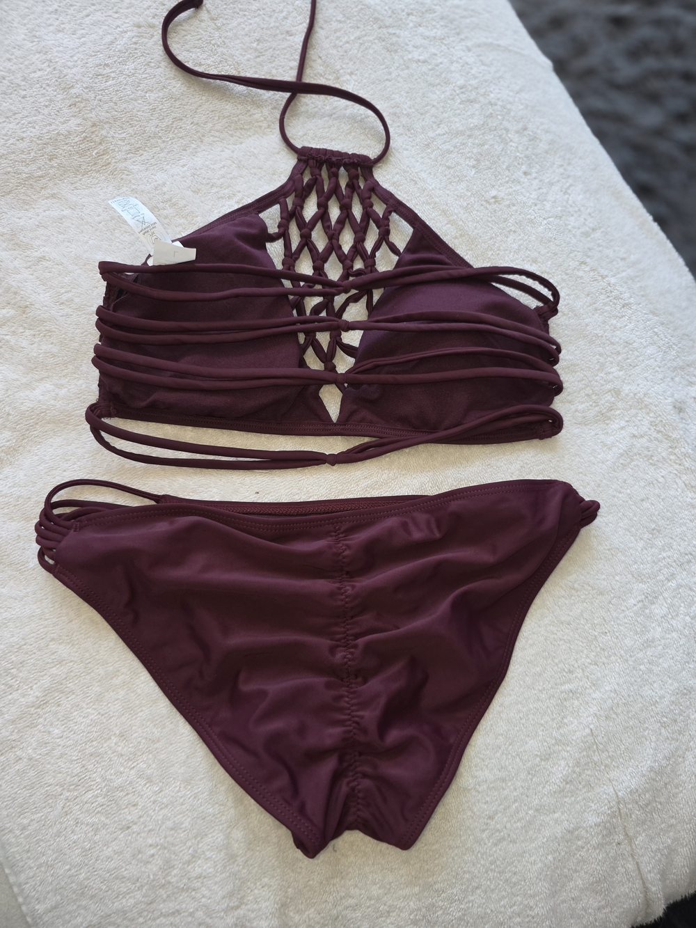 NWOT DAMSEL Strappy Macramé High-Neck Bikini Set - Deep Wine